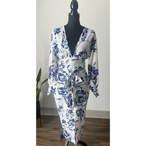 NWT boohoo Blue Floral Print Tie Waist Midi Dress Cocktail Party Wedding Event 8